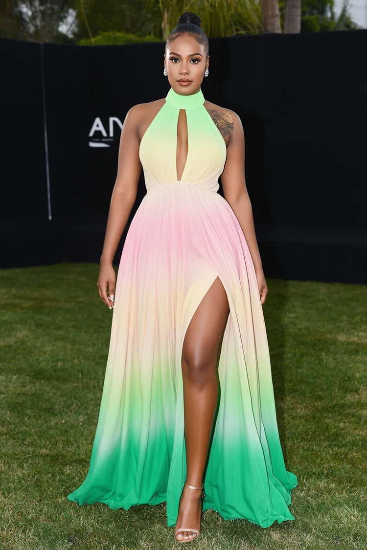Keyhole Halter Neck Ombre Print Party Maxi Dresses-Multicolor [Pre Order]
