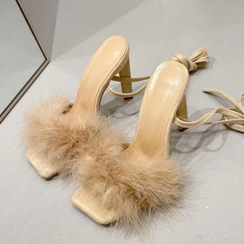 Summer Green Shoes Sandals Fashion Furry Cross-Tied Women Pumps 2022 Sexy Lace-up Party Dress Ladies 11CM Strange High Heels