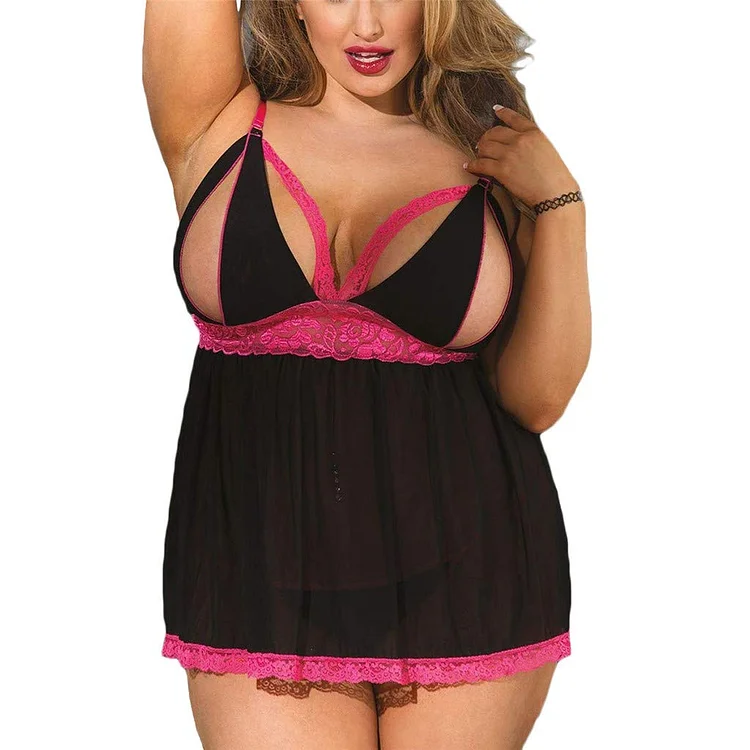 pearlsvibe -  Women Plus Size Lingerie - Sexy Split Cup Lace Babydoll Sleepwear Chemise Set 2XL,3XL