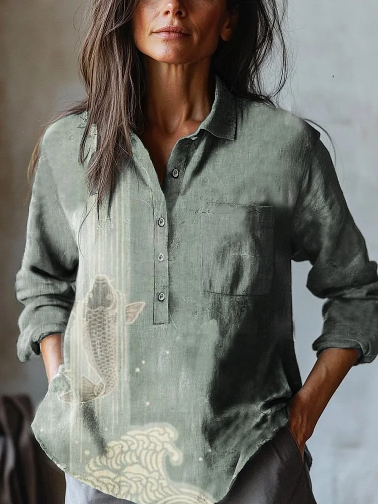 Women's Japanese Fish Art Print Casual Cotton and Linen Shirt