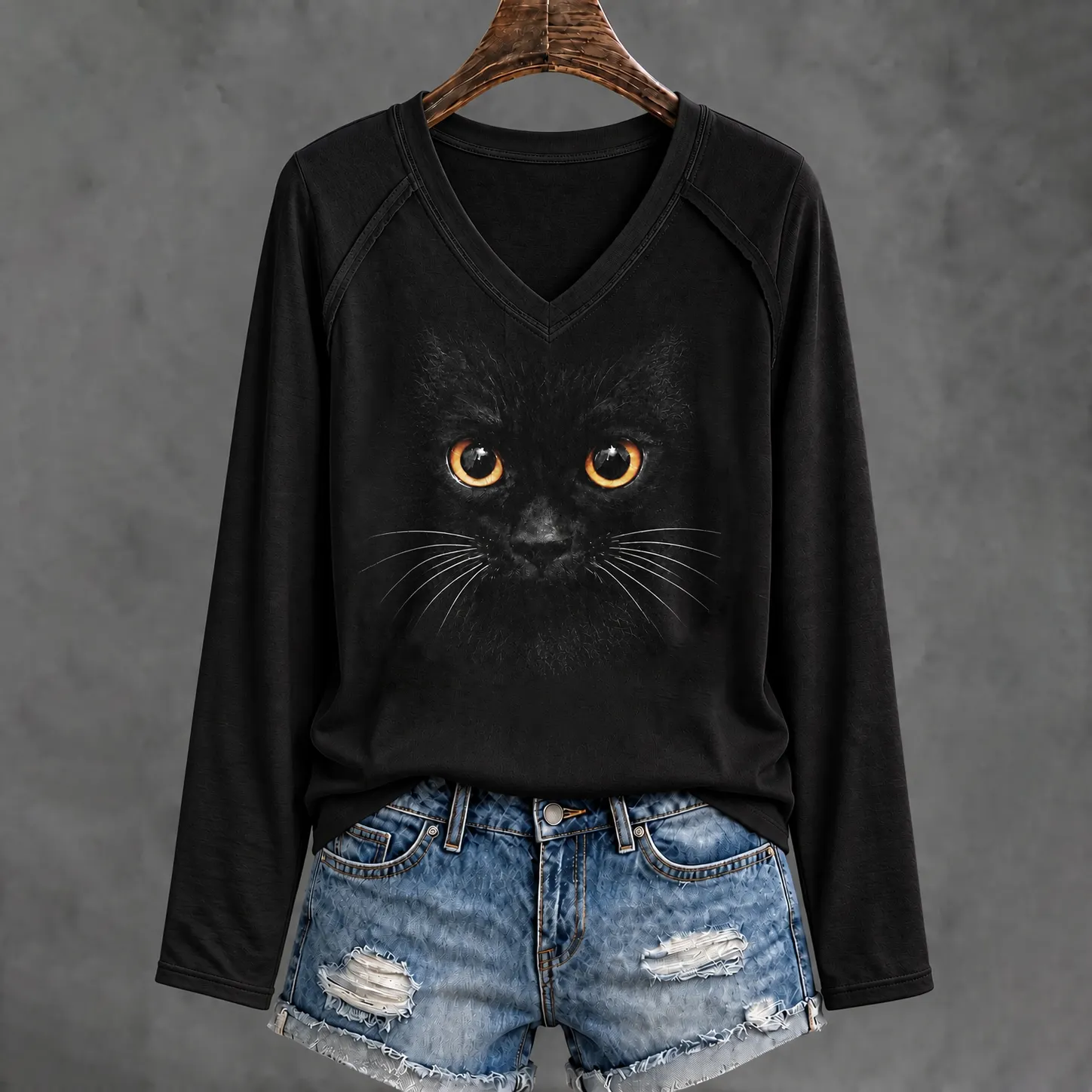 Comstylish Women's Cute Black Cat Abstract Art Print Casual Long-sleeve T-shirt