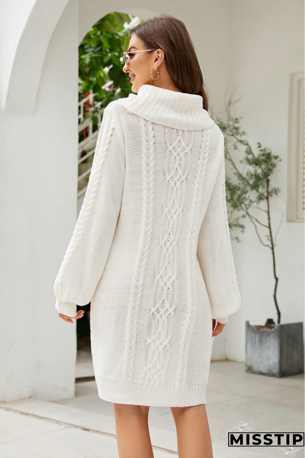 Woven Right Mixed Knit Turtleneck Lantern Sleeve Sweater Dress