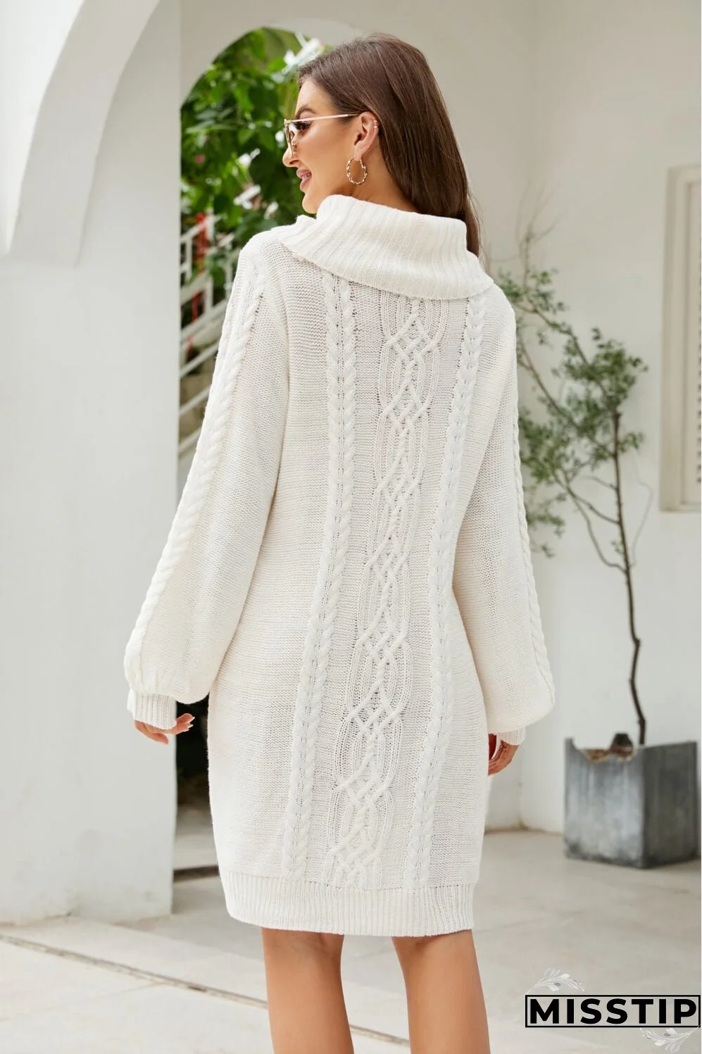 Woven Right Mixed Knit Turtleneck Lantern Sleeve Sweater Dress