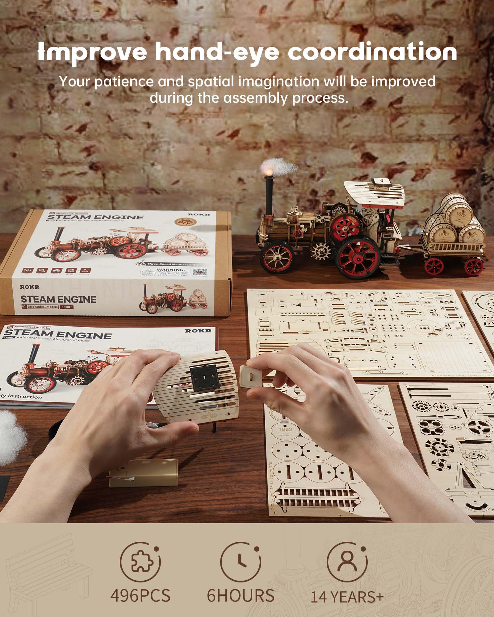 Tegooe 469PCS 3D Wooden Puzzle Mechanical Steam Engine Tractor Model Kit