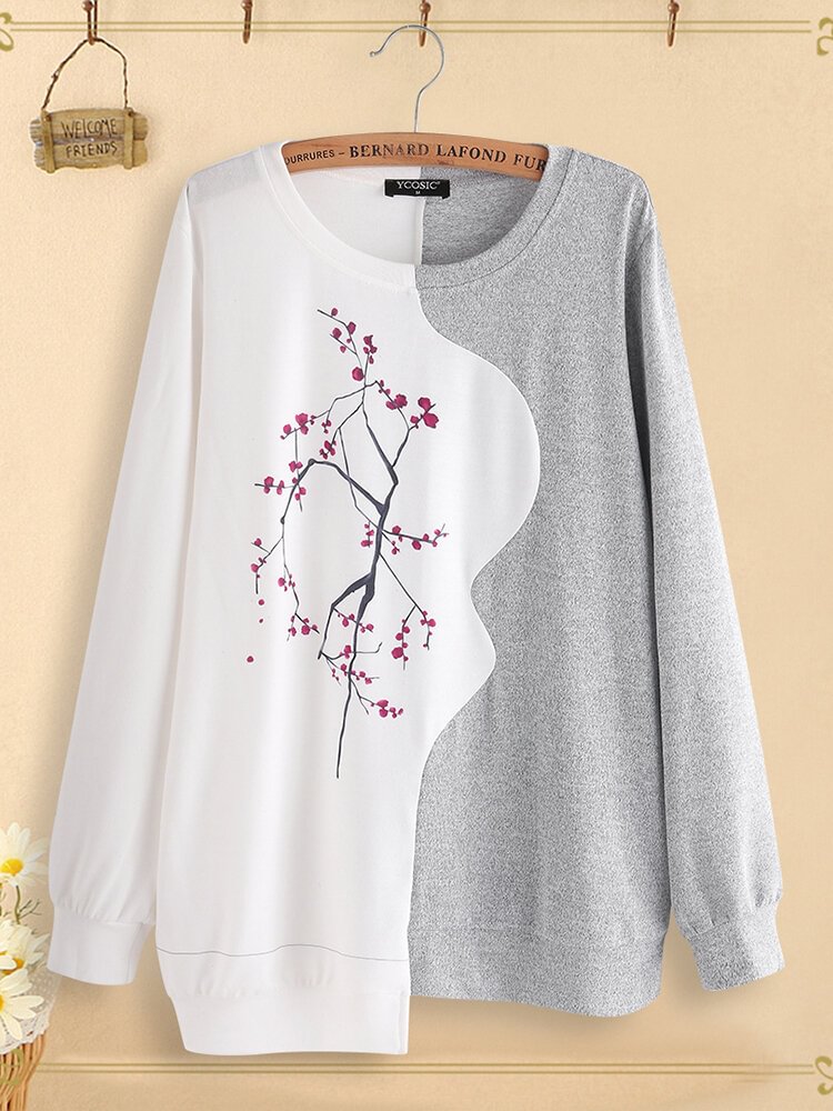 Patchwork Irregular Ink Flower Print Long Sleeve Blouse P1626407