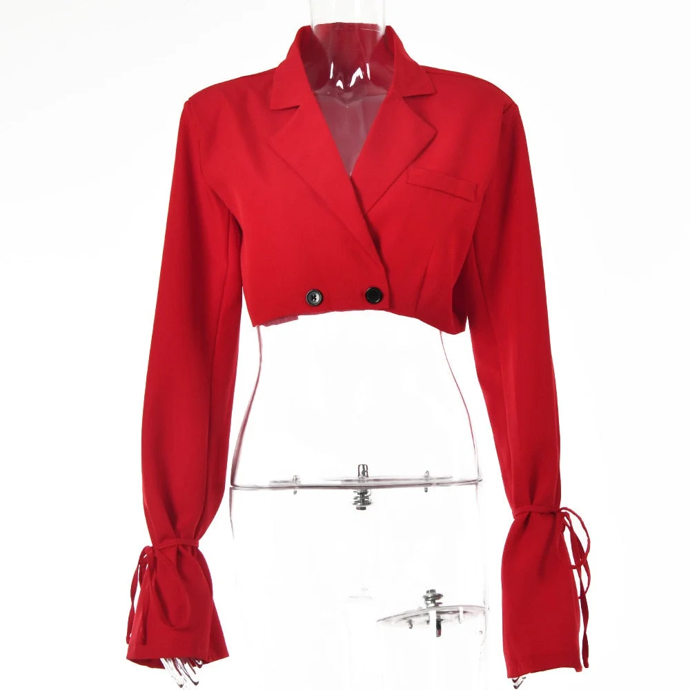 Yimunancy Women Blazer V Neck Long Sleeve Cropped Blazer 2021 Autumn Chic Button  Lace Up Turn-down Collar Outwear