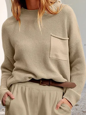 Image of Solid Color Pockets Loose Long Sleeves Round-Neck Sweater Tops Pullovers Knitwear