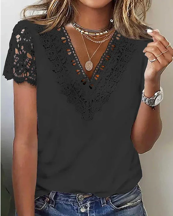 Women's Lace V Neck Short Sleeve Casual T-shirt