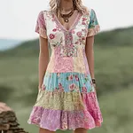 Vintage Boho Floral Patchwork Comfy Linen Midi Dress - Image 2