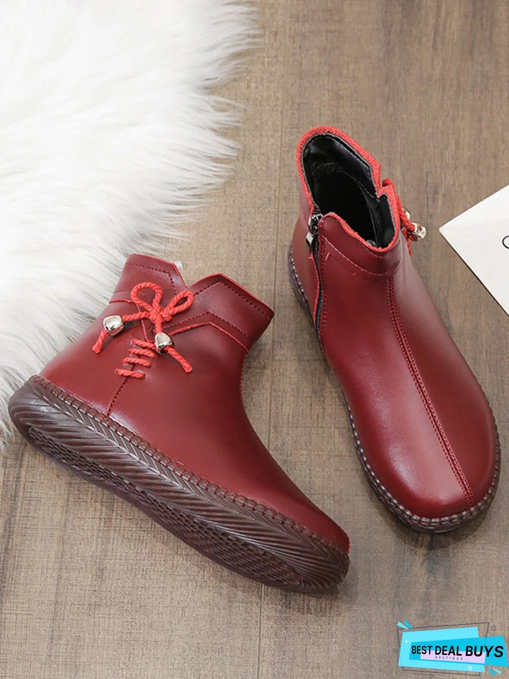 Women's Bow Faux Fur Lined Plain Boots with Zipper