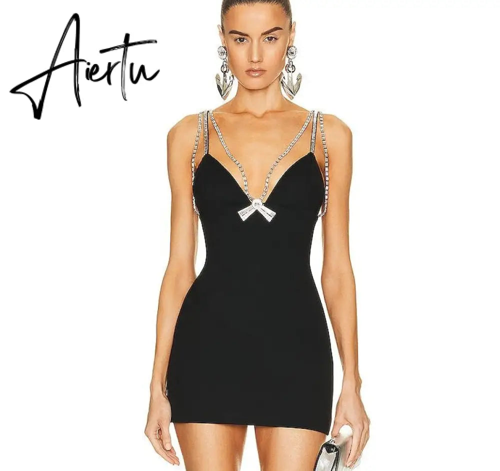 Party Dress Women Luxury Crystal Bow Spaghetti Strap Black Sleeveless Sexy Mini Bodycon Bandage Dress Vestido Aiertu