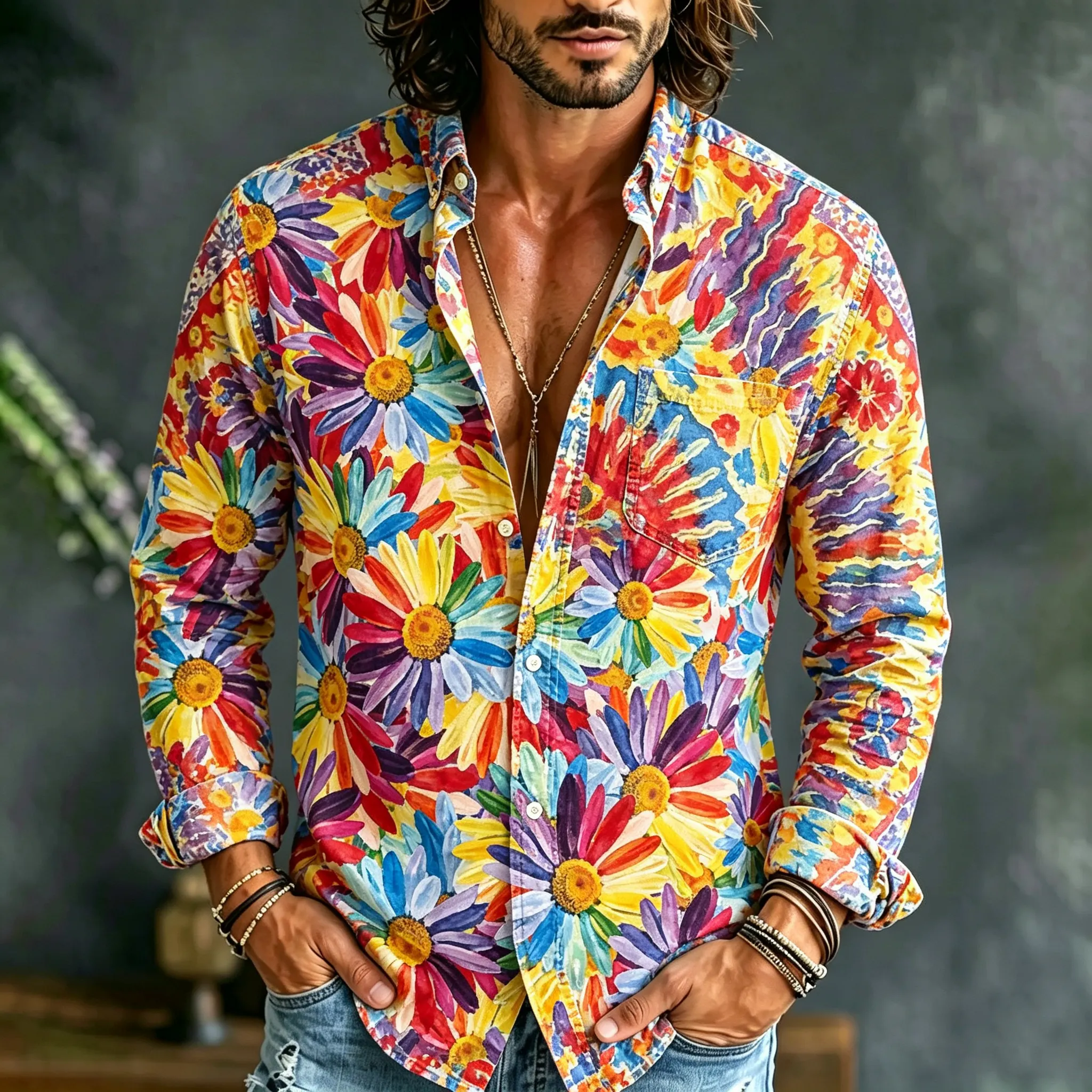 Men's Retro Hippie Floral Tie-dye Print Long-sleeve Cotton Linen Shirt  artssus