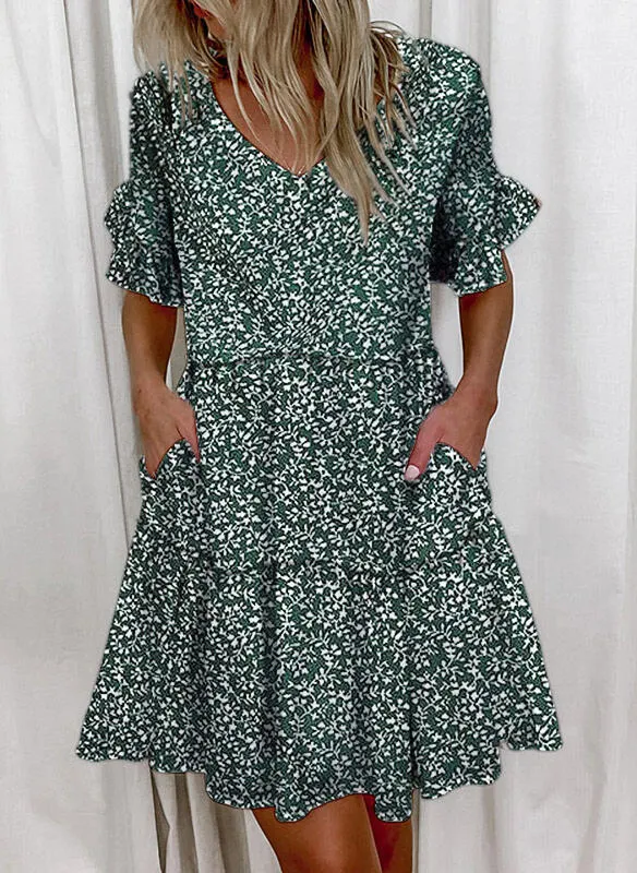 Brownm Regular Sleeve Fashion Short Printed Ruffle Pocket Dress