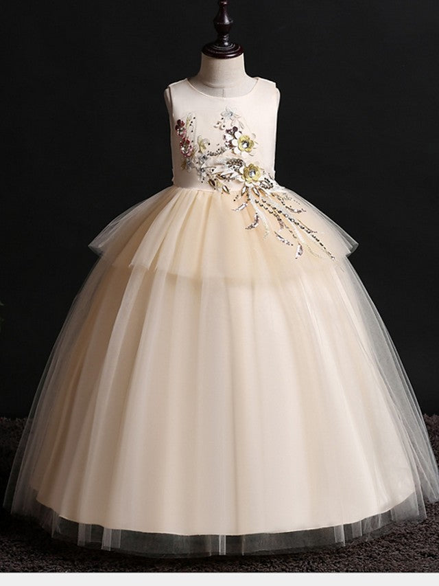 Oknass Sleeveless Jewel Neck Ball Gown Flower Girl Dress Satin Tulle With Bow Appliques
