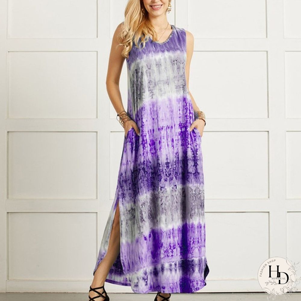 XXS-5XL Womens Boho Sleeveless Maxi DressSummer Casual Loose Tie dye printingLong Sundress