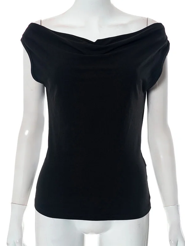 Backless Lace-Up See-Through Solid Color Split-Joint Loose Skinny Off-The-Shoulder T-Shirts Tops