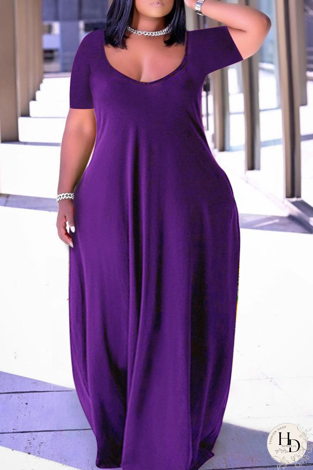 Pink Fashion Casual Plus Size Solid Patchwork V Neck Short Sleeve Dress