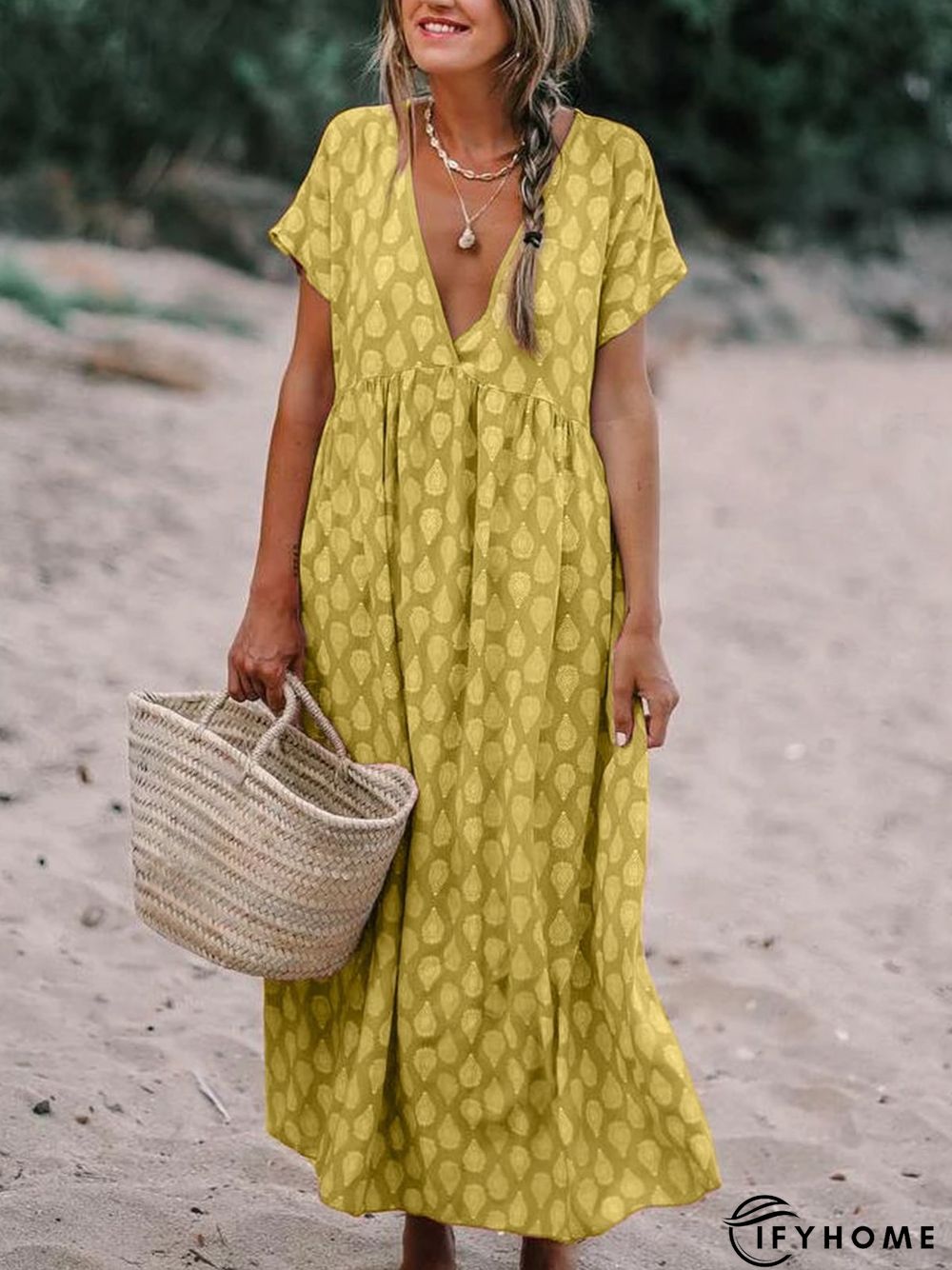 Plus Size Casual V Neck Short Sleeve Printed Maxi Weaving Dress | IFYHOME