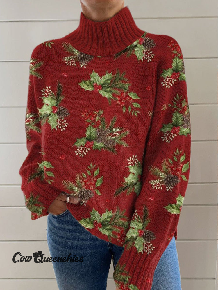 Red Christmas Decoration Cashew Pattern Art Print Knit Turtleneck Pullover Sweater Multicolor / S