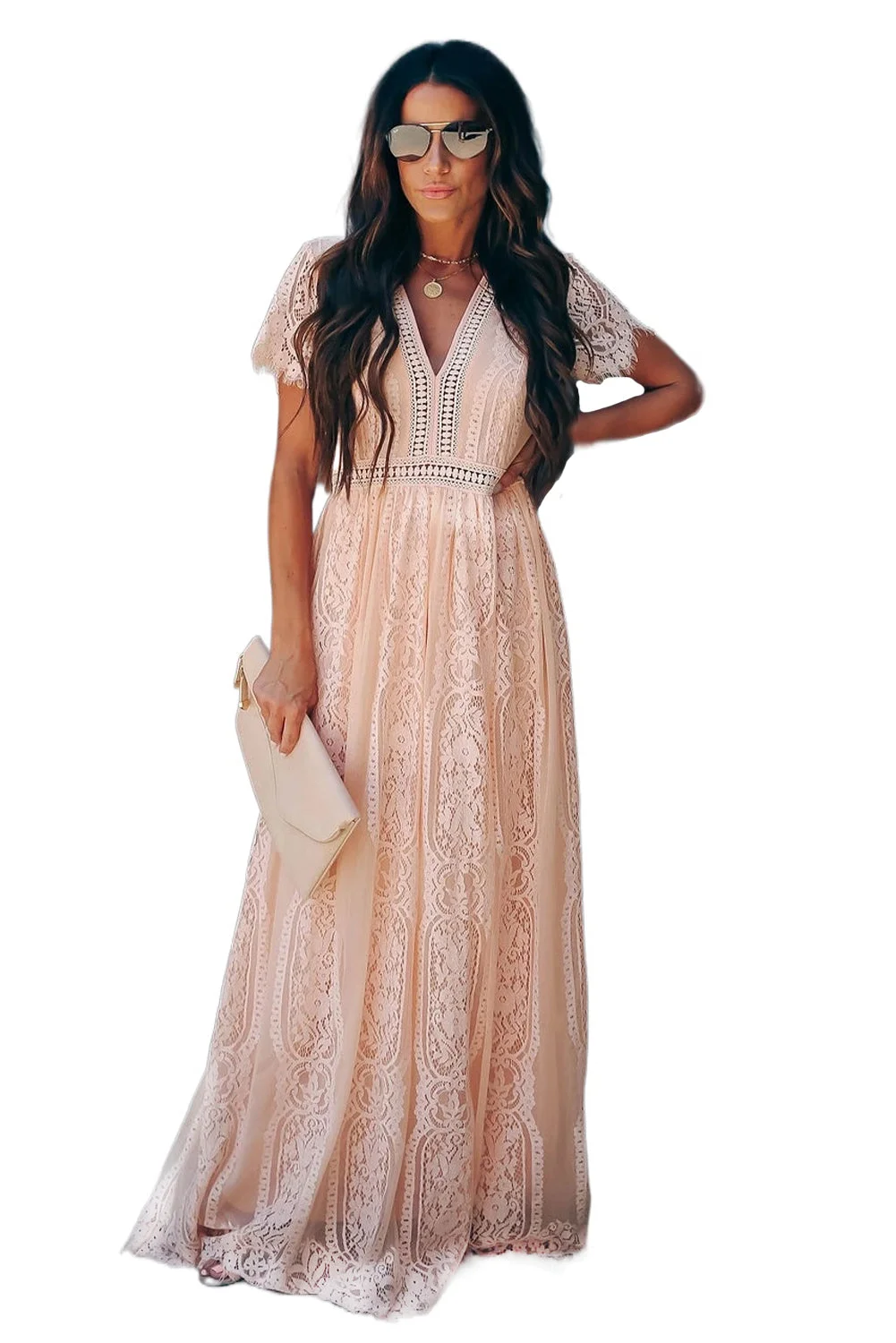 Women Pink Fill Your Heart Lace Maxi Dress