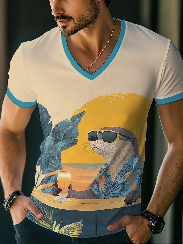 Men's Otter Wearing Sunglasses And A Hawaiian Shirt Print V Neck T-Shirt