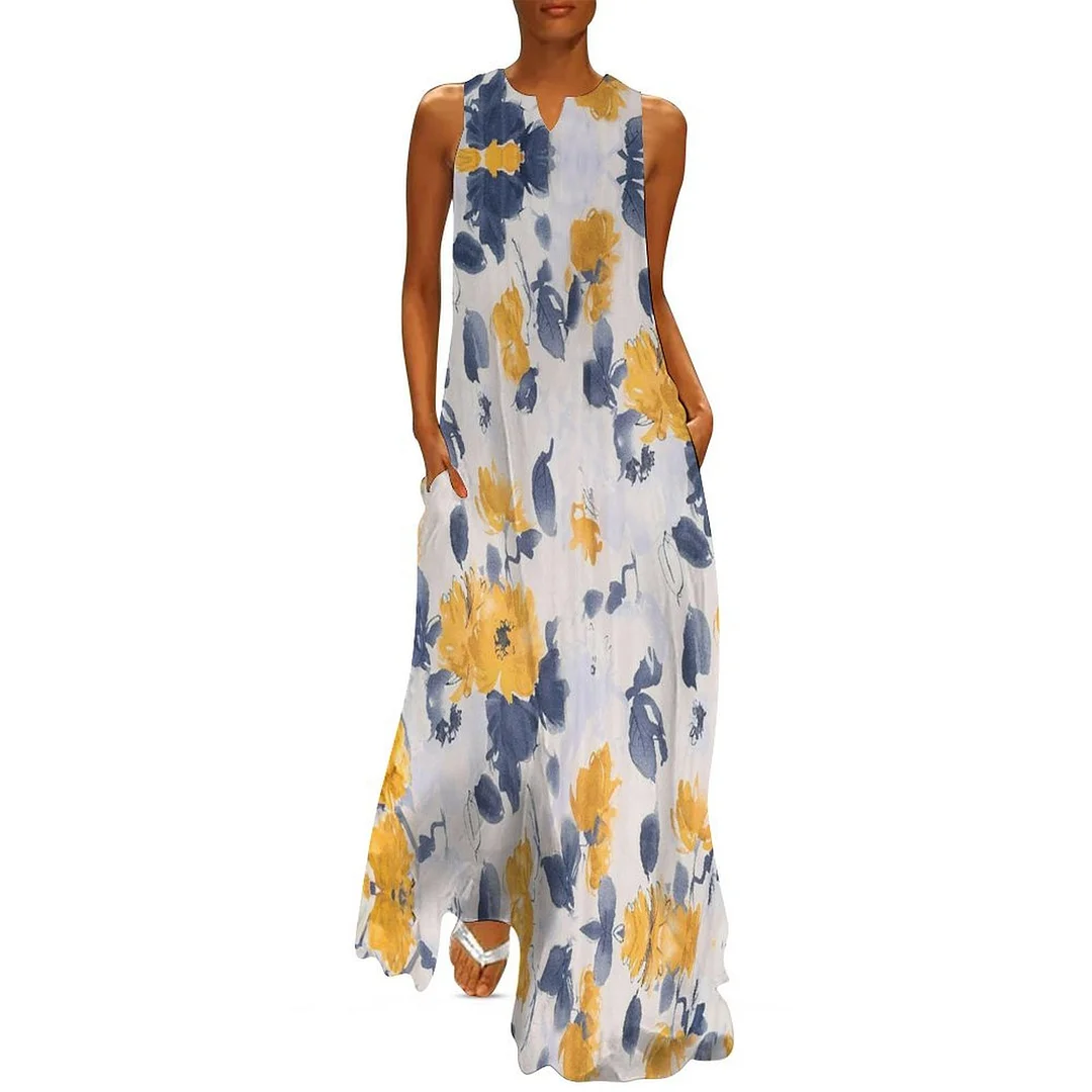 Style & Comfort for Mature Women Plus Size Printed Sleeveless Casual Women Maxi Dress with Pockets in Pattern Floral, Yellow