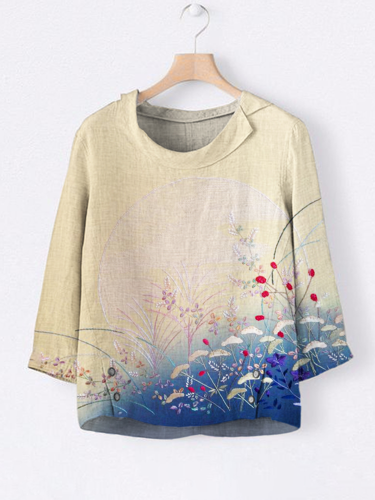 Comstylish Japanese Botanical Flower Gradient Embroidery Pattern Women's Linen Lapel Top