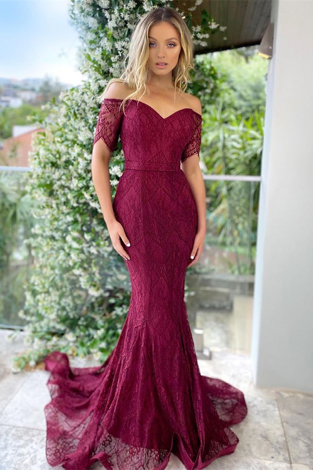 Oknass Off-The-Shoulder Short Sleeves Burgundy Mermaid Prom Dress With Applique