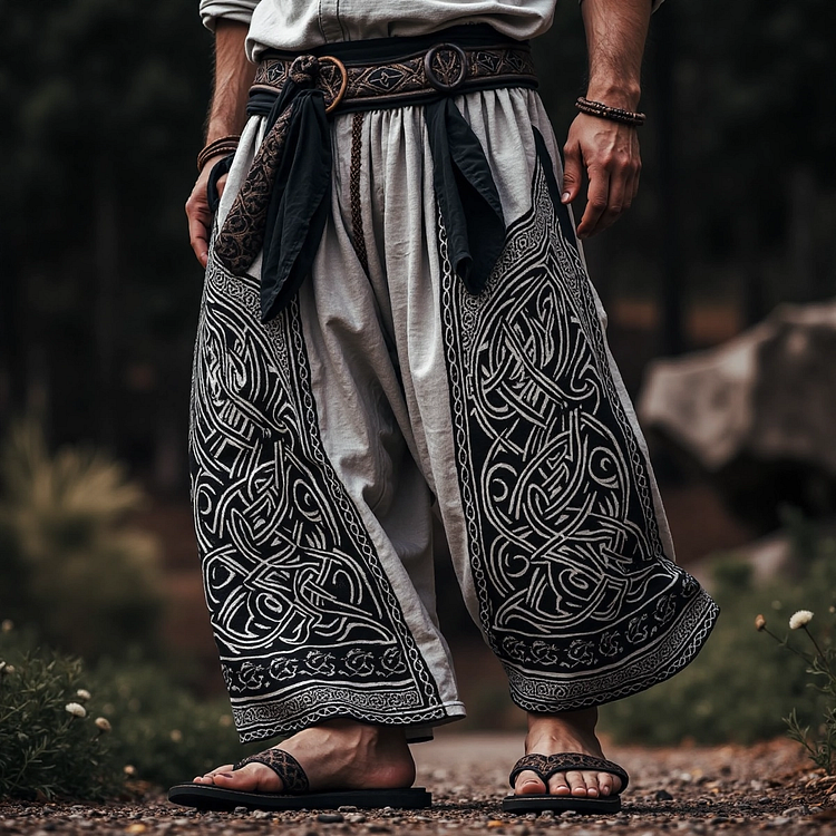 Simpfit Lange, lockere Hose aus Leinen im Retro-Stil mit keltischer Wikinger-Stickerei