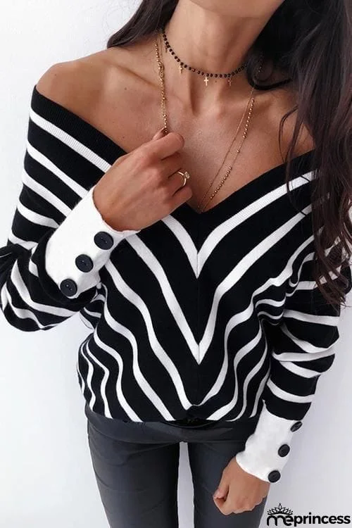 Button Stripe V Neck T Shirt