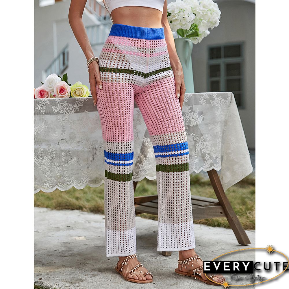 Pink Color Block Elastic Waist Knit Straight Leg Pants