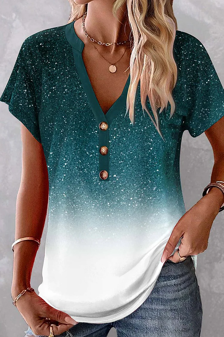 Flycurvy Plus Size Casual Dark Green Ombre Print V Neck Button Blouse  Flycurvy [product_label]