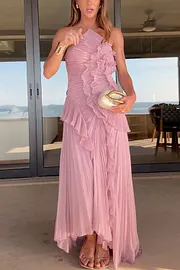 strappy halter neck ruffle trim asymmetric hem pleated maxi dress minimal pearl drop earrings party oufit The 7 Best Shoe Color:White/Gold