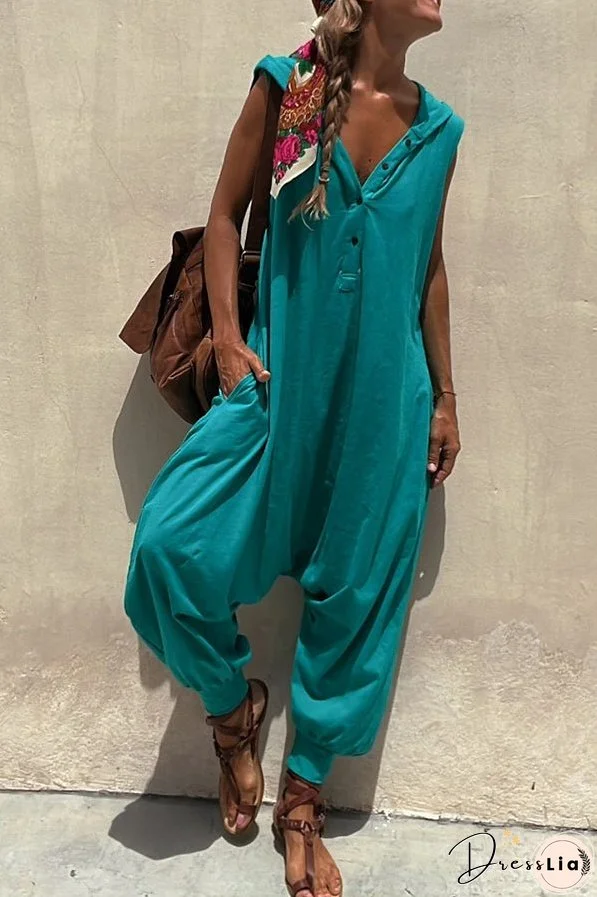 Let's Chill Pocketed Half Button Hooded Loose Jumpsuit