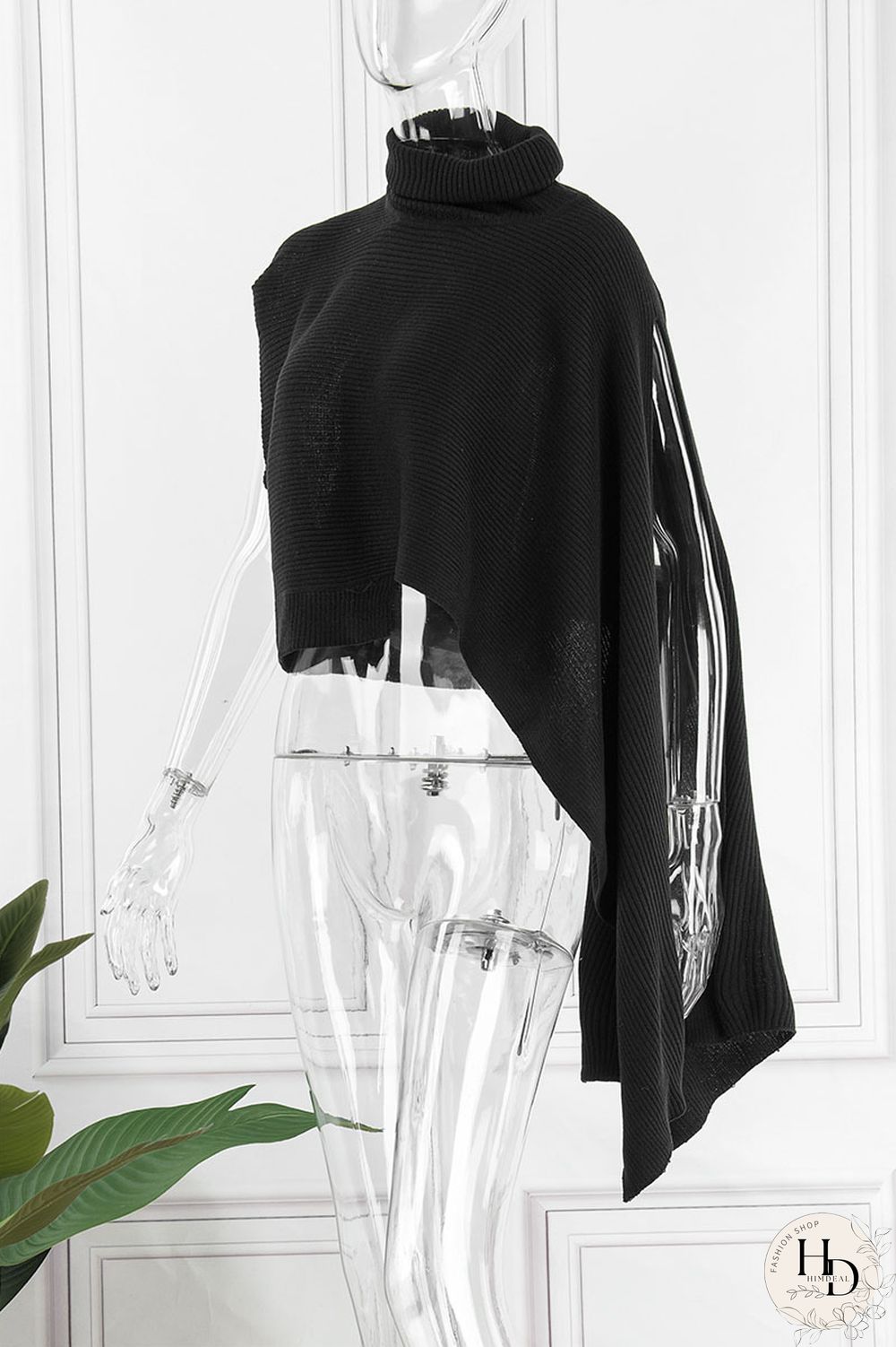 Red Street Solid Patchwork Slit Asymmetrical Turtleneck Tops