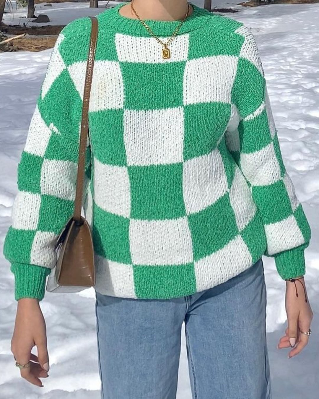 FashionV-FashionV Green Checkerboard Sweater