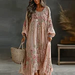 Women's Vintage Floral Art Flowy Linen Blend Casual Long Sleeve Maxi Dress - Image 2
