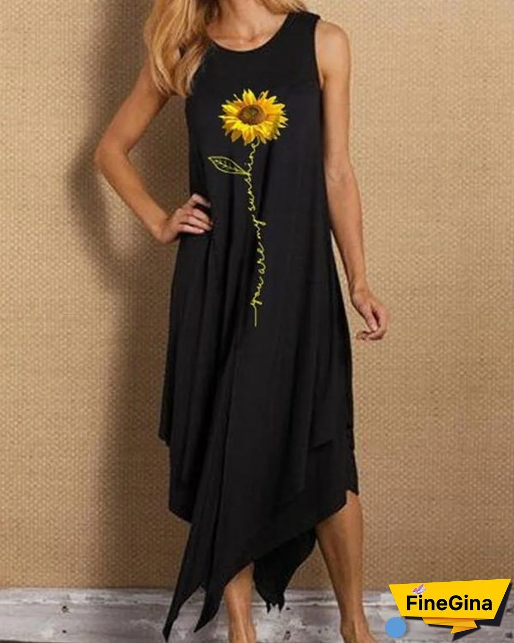 Sleeveless Sunflower Print Irregular Hem Holiday Midi Dress