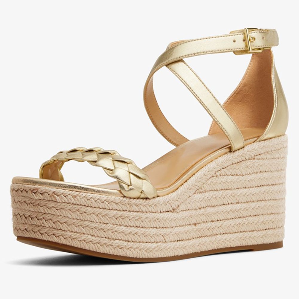Gold  Sandals With Platform Ankle Strap Wedge Chunky Heels Nicepairs