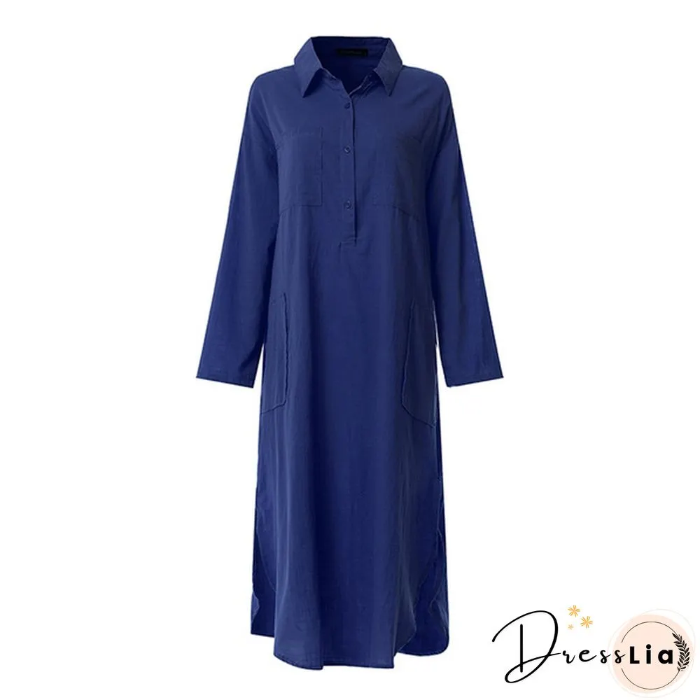 Spring Summer Fashion Women Solid Color Cotton Linen Button Shirt Dress Long Plus Size