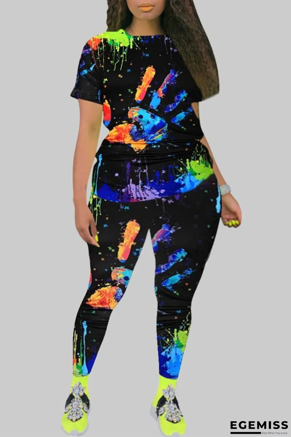 Black Fashion Casual Print Basic O Neck Plus Size Two Pieces | EGEMISS