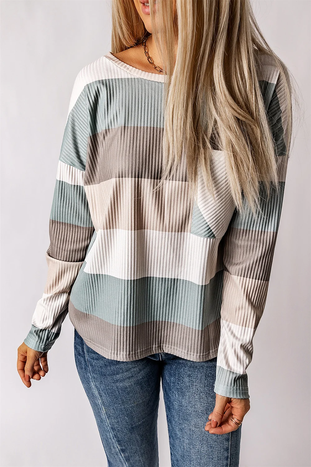 Green Color Block Ribbed Long Sleeve Top with Pocket | IFYHOME