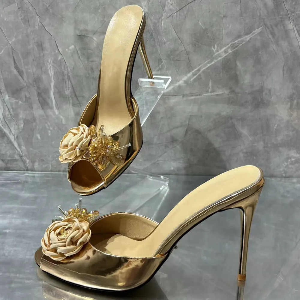 Women's 100mm High Heels Elegant Gold Floral Mules Sandals Stilettos For Wedding Party
