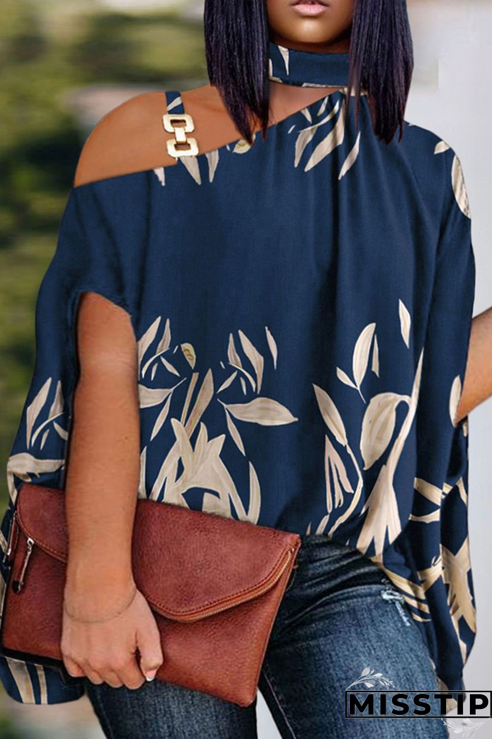 Gradient Color Casual Print Patchwork Asymmetrical Collar Plus Size Tops