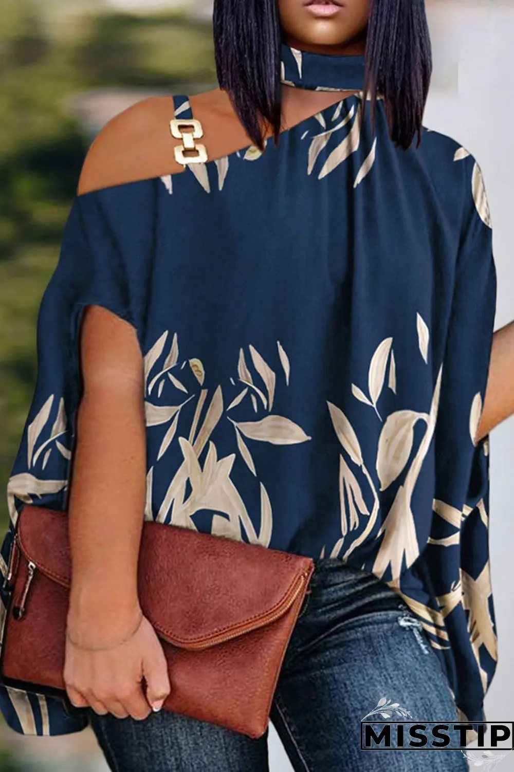 Gradient Color Casual Print Patchwork Asymmetrical Collar Plus Size Tops