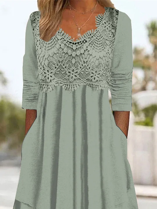 Women Half Sleeve V-neck Solid Color Dress