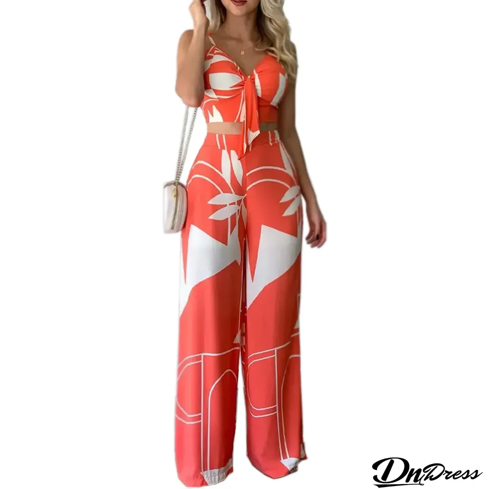 Women Summer Sexy Tube Top And Tie Loose Wide Leg Pants Print Two Piece Set