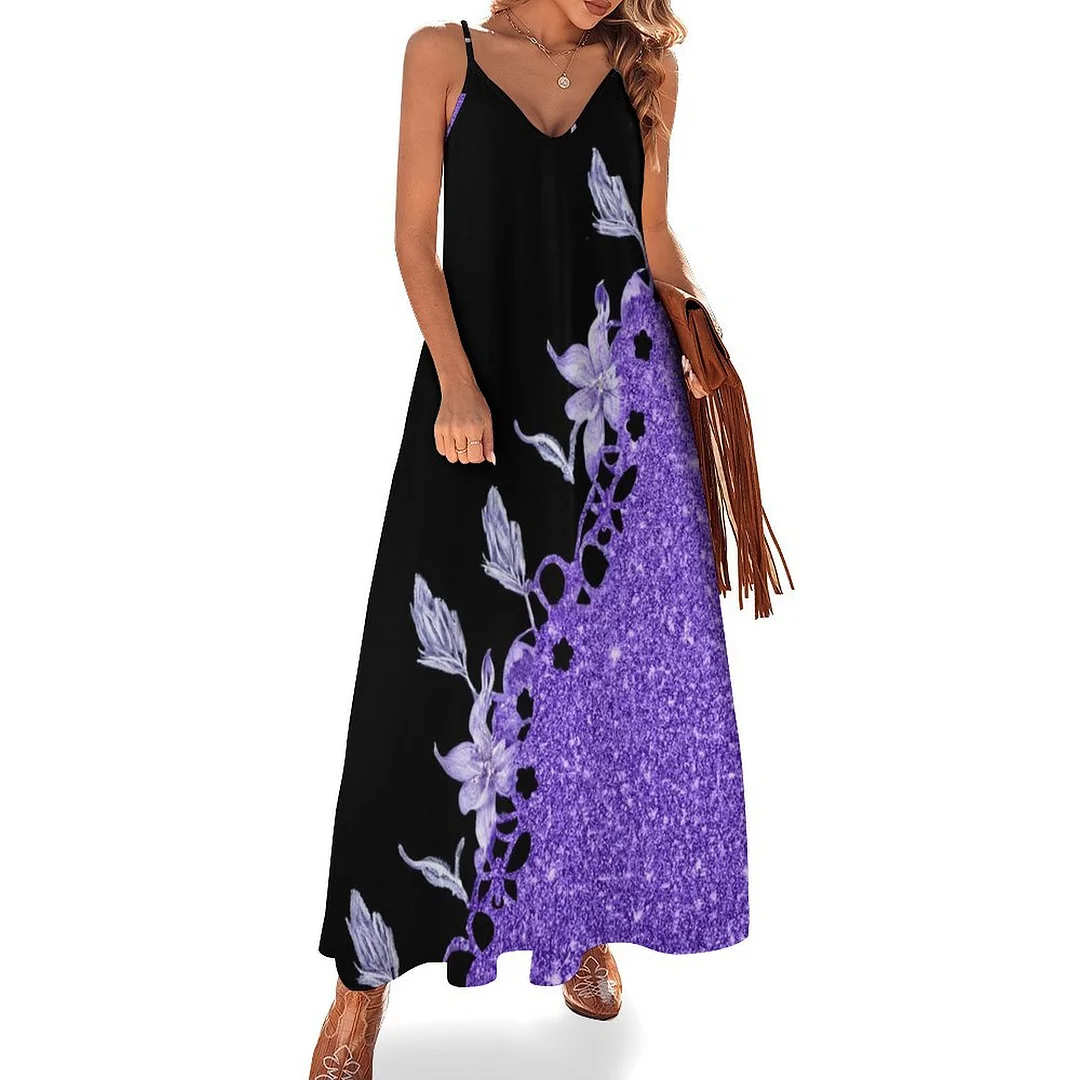 Style & Comfort for Mature Women Plus Size Printed Sling Casual Women Maxi Dress in Pattern Purple, Floral, Glitter