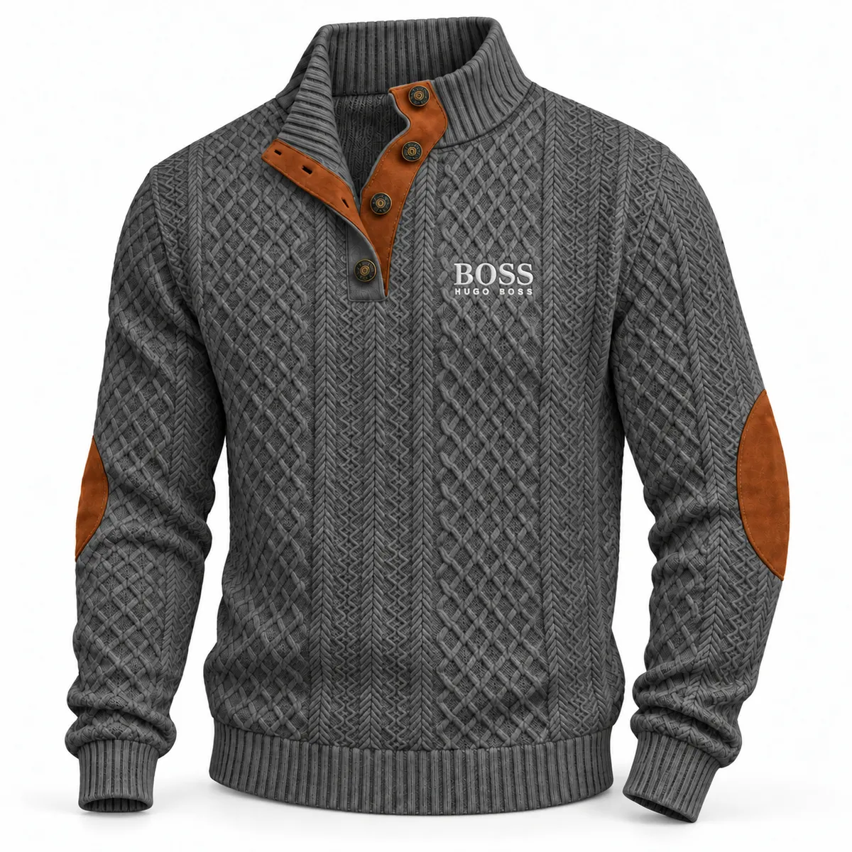 Grey textured sweater with stand collar and contrast button placket