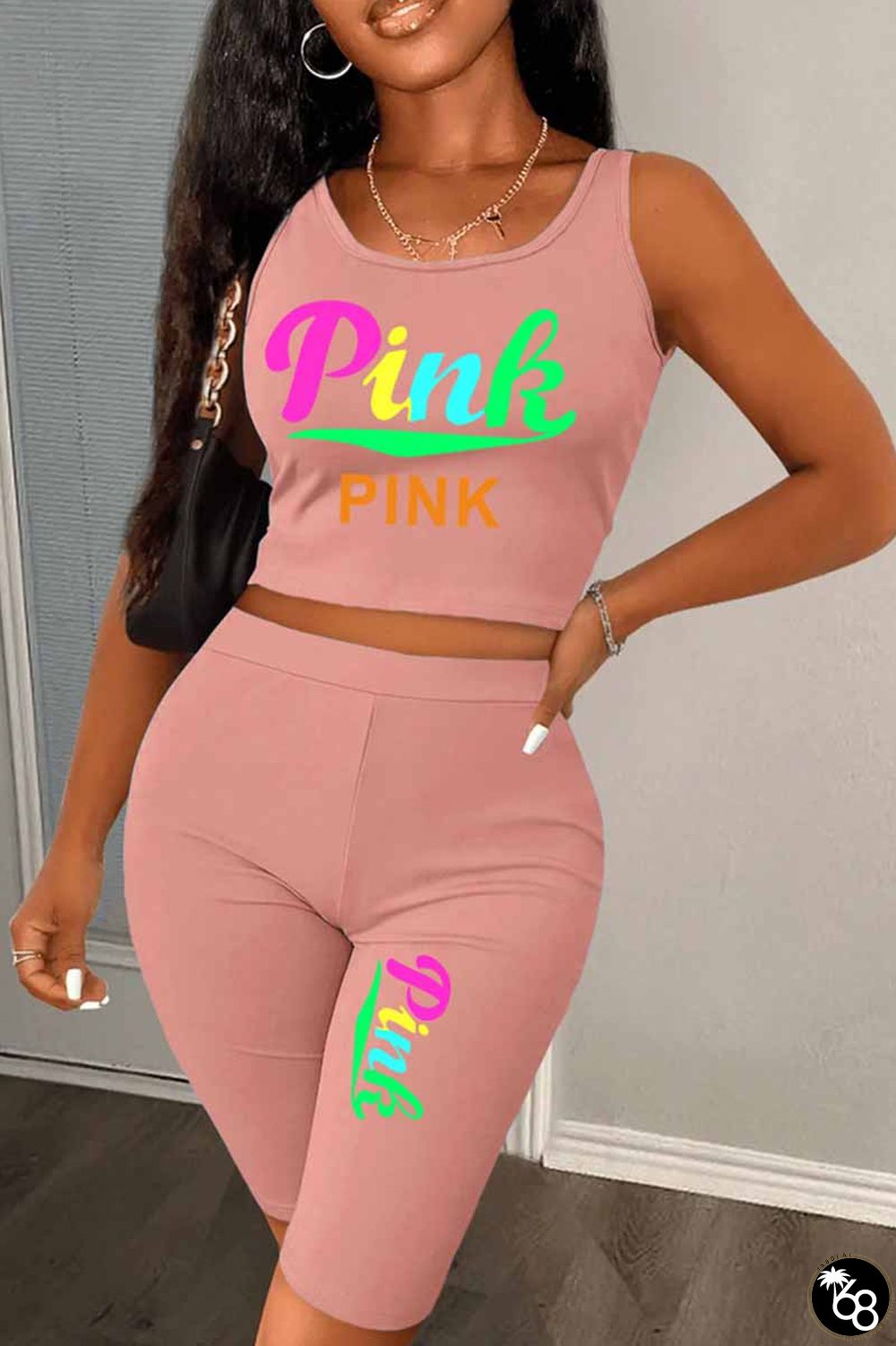 Light Pink Casual Print Letter U Neck Sleeveless Two Pieces | 168DEAL
